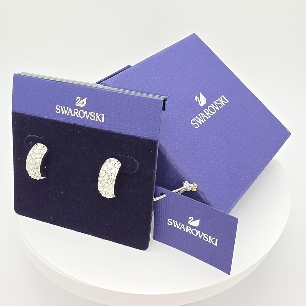 SWAROVSKI Signed ½ Hoop Earrings Pavé Crystals Rhodium Plate 1" In Box Swan‎